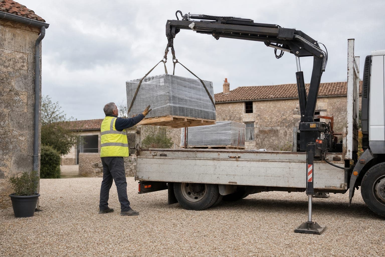 Camion-grue chargeant une palette de plaques fibrociment filmée