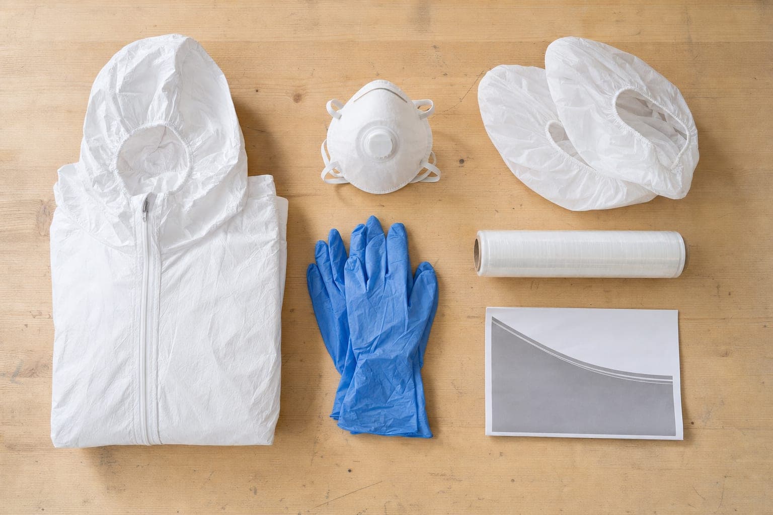 Contenu du kit : combinaison, masque FFP3, gants, surchaussures et film étirable